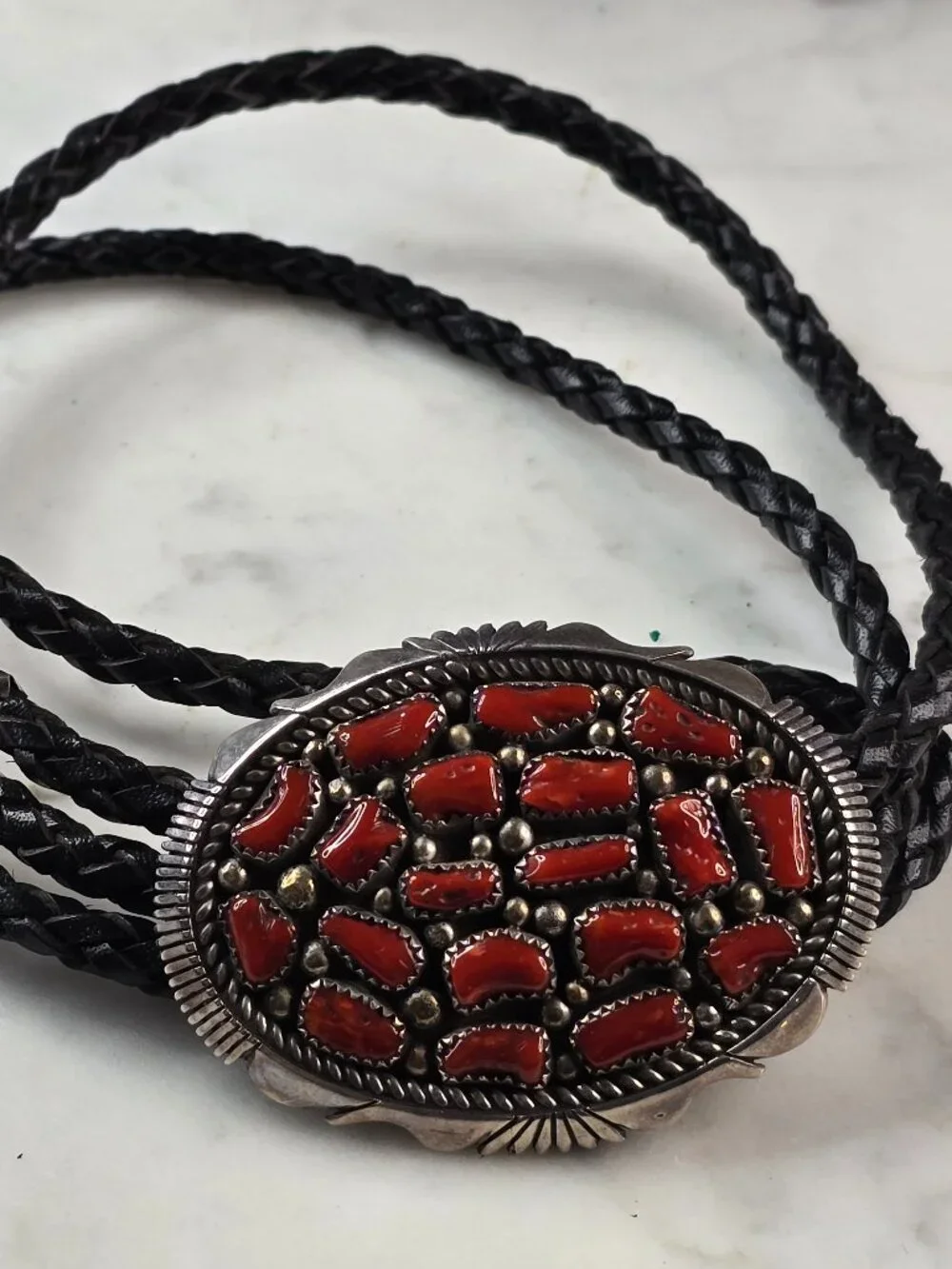 Southwestern Native American Sterling Silver Coral Bolo Tie E643
